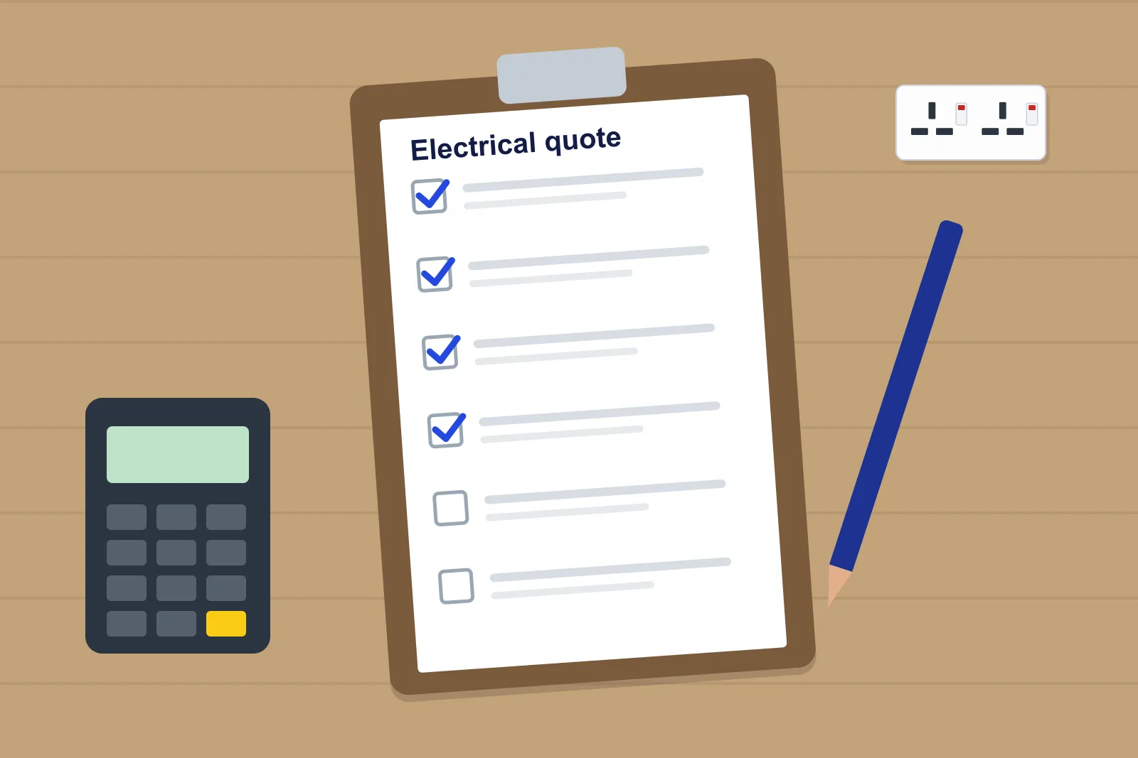 Clipboard with an electrical quote checklist beside a calculator and a double socket