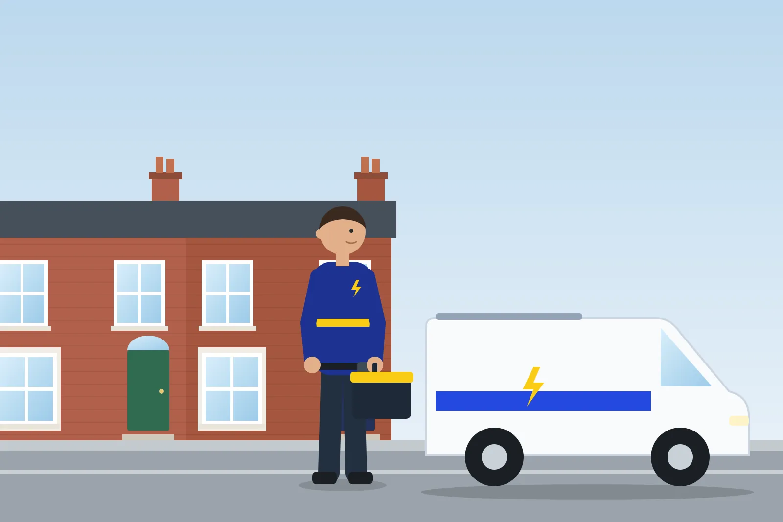 Electrician carrying a toolbox from a work van to a terraced house