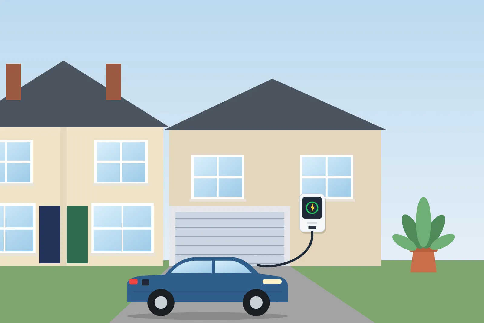 Electric car on a driveway plugged into a home charger mounted beside the garage