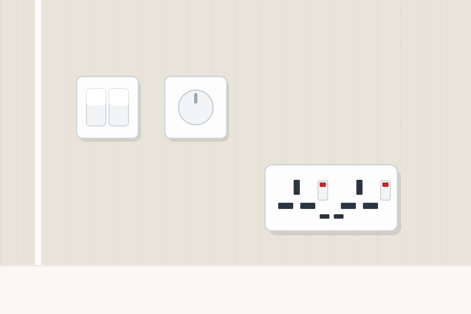 Two-gang light switch, dimmer switch and double socket with USB ports on a living room wall